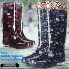 Botas de chuva femininas de cano alto com dupla camada, sapatos de borracha com tecido floral azul e cristais, calçados