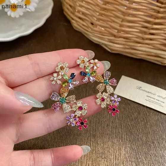 nanami1 Brincos Românticos Coloridos De Flor De Zircônia Para Mulheres , Meninas , Moda Doce , Gota D'água , Requintado