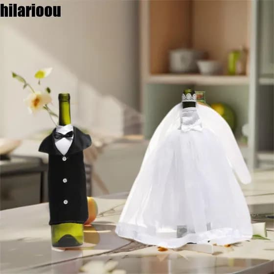 HILARIOOU Boné De Vinho Com Vestido De Gaze Branca , Lindo Cerimonial , Capa Para Garrafa De Casamento , Requintado