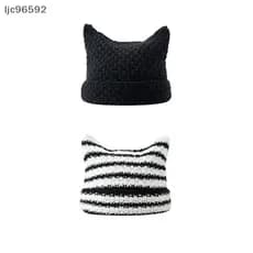 [ljc] Gorro De Orelha De Gato Fofo Chapéus De Crochê Para Mulheres Meninas Tricotados Y2K Listrado Inverno Quente Solto