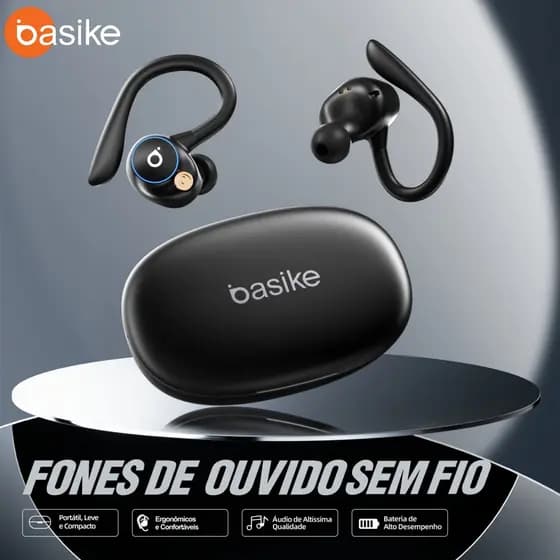 BASIKE Fone de Ouvido Sem Fio Bluetooth Esportivo 10h Bateria Gancho de Orelha Original C/ Redução de ruído