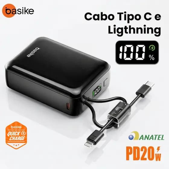 Carregador Portátil Power Bank Basike 20000mAh/10000mAh Turbo 20W Carga Rápida Cabo Embutido Visor LED Digital Leve