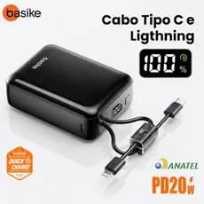 Carregador Portátil Power Bank Basike 20000mAh/10000mAh Turbo 20W Carga Rápida Cabo Embutido Visor LED Digital Leve