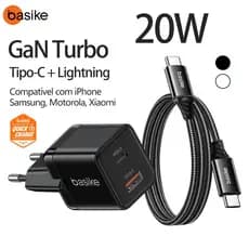 Basike Carregador GaN 20W Turbo Dual USB-C + USB-A Fonte Rápida Para iPhone Lightning e Android Seguro Design Compacto