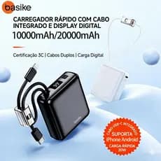 BASIKE Power Bank Portátil 20000mAh/10000mAh Dois Cabos Embutidos, Carregamento Rápido 20W, Compatível iPhone e Android