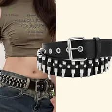 EA & Moda Rebite Oco Bala Decoração Cinto Couro Cravejado Goth Rock Selvagem Ajustável Feminino Punk Preto .