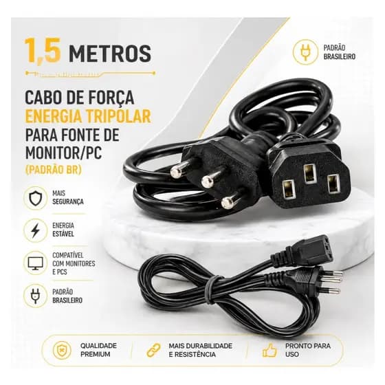 Cabo De Força Tripolar 3 Pinos 10a Cabo 1,5m Para Monitor Pc
