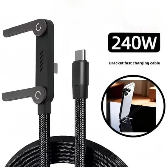 240W 2 em 1 Cabo de Dados Dobrável Tipo C para Tipo C com Suporte de Mesa Duplo Tipo C para Celular1.5M