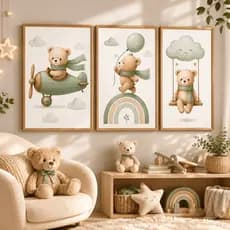 Quadros Decorativos Ursinhos balão nuvem livros decoração quarto baby infantil