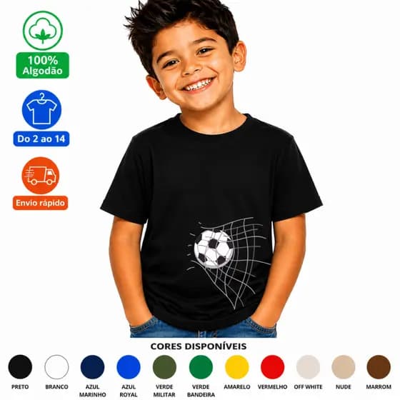 Camiseta Infantil Menino Futebol Bola Gol Rede Roupa Estampada 100% Algodão Camisa Confortável