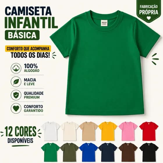 Camisa Criança 100% Algodão Básica Lisa Qualidade Alta Infantil Menino Menina