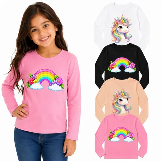 Kit 2 Camisetas Manga Longa Menina Infantil Unicórnio 100% Algodão Tam 2 - 14 Frio Inverno