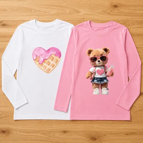 Kit 2 Blusas Camiseta Manga Longa Menina Infantil 100% Algodão Estampada Urso Bear