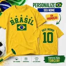 Camiseta Brasil Infantil Personalizada Nome Número Estampa Seleção Verde Amarelo Algodão Confortável