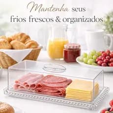 Porta Frios Acrílico Transparente Com Tampa Para Queijo Presunto Mesa Posta