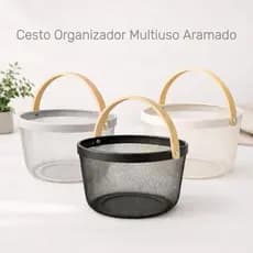 Cesto Organizador Multiuso Aramado Redondo Com Alça de Madeira