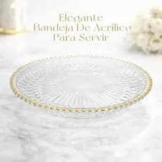 Bandeja De Acrílico Decorativa Redonda Com Borda Dourada Luxo Para Mesa Posta Decoração e Servir