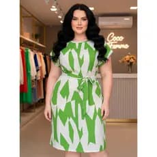 Vestido Curto Plus Size Estampado Verde Crepinho – Soltinho, – M ao G3 (Veste 56)