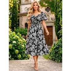 Vestido Midi Crepinho Estampado Moda Feminina Coco Femme Veste do 38 ao 54 Casual