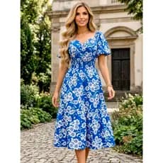 Vestido Midi Crepinho Manga Bufante Estampado Moda Feminina Coco Femme Veste do 38 ao 54