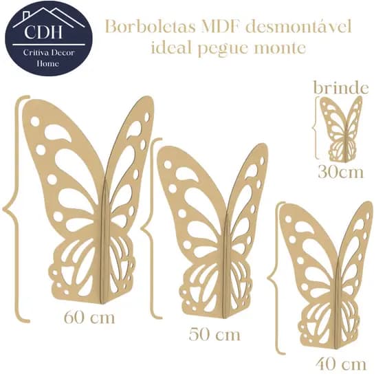 Trio borboletas decoração de festa display de chão MDF 58/50/40 cm + brinde de 30cm