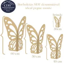 Trio borboletas decoração de festa display de chão MDF 58/50/40 cm + brinde de 30cm