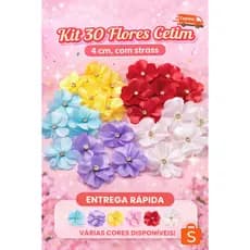 Flores de cetim para artesanato 5 petalas cetim com strass 4 cm kit 30 unidades Aplique tiara