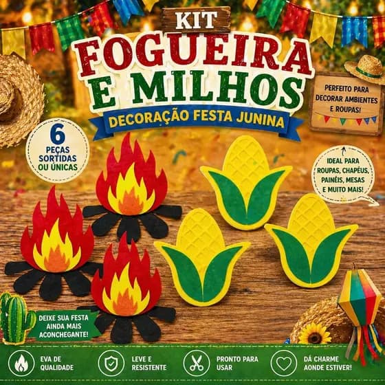 Fogueira e Milho de Feltro Para Decoração  arraia Junino kit 6 peças