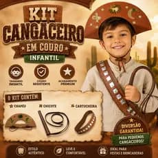 Cangaceiro Infantil cartucheira chapéu lampião e chicote em couro kit