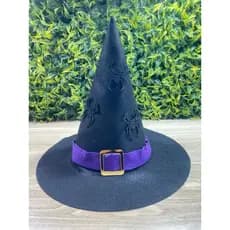 chapéu bruxa em feltro com fivela dourada e decoração hallowen