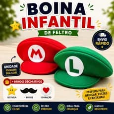 kit aniversario Boina mario ou luigi em feltro bigode e apliques topo de bolo e decoração mesa