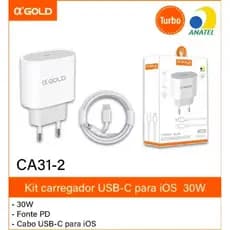 Kit Carregador Rápido Turbo 30W PD α'GOLD 6.1A Fonte USB-C + Cabo Type-C Lightning Compatível iPhone
