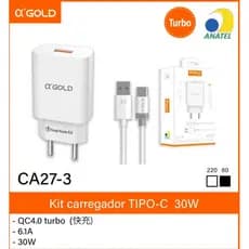 Kit Carregador Turbo α'GOLD Pro 30W 6.1A QC4.0 - Plugue Brasileiro + Cabo Tipo-C