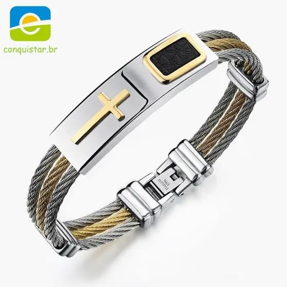 Bracelete / Pulseira Masculina Com Cruz / Punk / Aço Inoxidável / 3 Fileiras