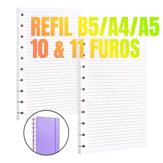Kits A4/B5/A5 Refil de Folhas com 11 10 Furos de Discos Pautadas para Caderno Universitário