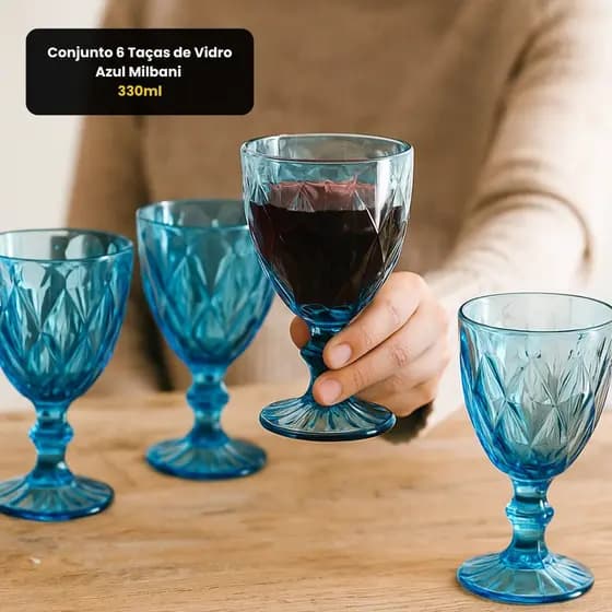 Conjunto 6 Taças de Vidro Milbani 330ml Azul Tiffany/Royal. Luxo P/ Água, Vinho, Cerveja e Decoração de Mesa Posta