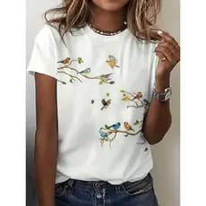 T-shirt casual de gola redonda para mulher com estampa de pássaro e rama
