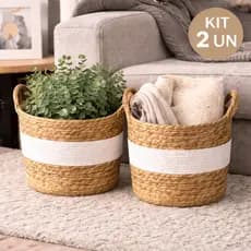Cesto de Fibra Natural com Alça 30x20cm Organizador Decorativo Boho Detalhe Branco