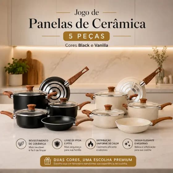 Conjunto de Panelas Cerâmica 5 Peças Com Tampa de Vidro Vanilla Black Antiaderente Premium Moderno