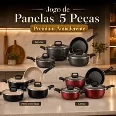 Conjunto Panelas Safira 5 Peças Premium Antiaderente Tampa Vidro Cores Cereja, Grafite e Preto/Bege