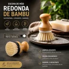 Escova Redonda De Limpeza Com Pega De Bambu Multiuso Cozinha
