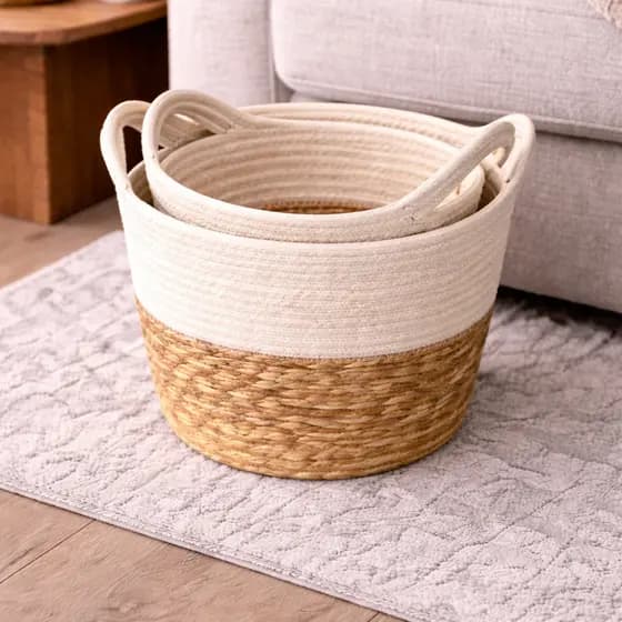 Cesto Decorativo Organizador Fibra Natural Bicolor C/ Alça Estilo Boho Sala Quarto Banheiro