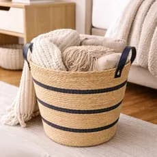 Cestos Organizadores Fibra Natural Listrado Preto com Alça Decorativo Boho Multiuso Sala Quarto