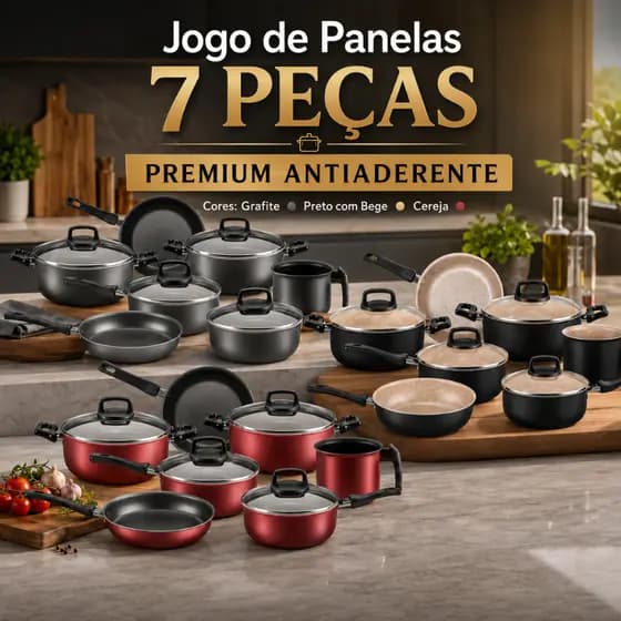Conjunto Panelas Safira 7 Peças Antiaderente com Tampa de Vidro Completo Cor Cereja/Grafite/Preto/Bege