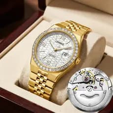 Relógio Masculino Lingke Dourado Luxo Aço Inoxidável Cravejado Com Diamantes Brilhantes Original Prova D'Água