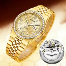 LINGKE Relógio Masculino Dourado Aço Aro Cravejado Mostrador Colmeia Calendário Social Presente Luxo Brilhante Fino