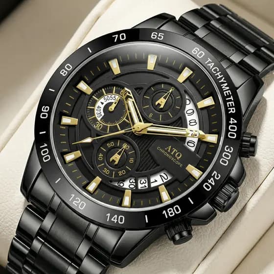 Relógio Premium ATQ Chronoscope Black Gold Style Pulseira em Aço Inoxidável Luxo Social Masculino