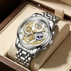 Relógio Masculino Original Quartz à prova d'água Aço Inoxidável Design Fase Da Lua Para Negócios E Presente