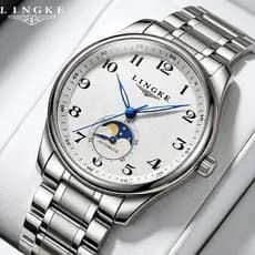 Relógio Masculino Lingke Original Luxo Aço Inoxidável Quartzo Analógico Estilo Mecânico Design Fase Da Lua Resistente