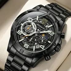 Relógio Masculino Lingkegaidu Premium Black Skeleton Cronógrafo Design Industrial Exclusivo Classe A